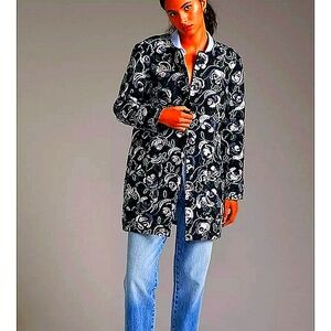 Anthropologie Floral Embroidered coat jacket by Hutch black white green Medium